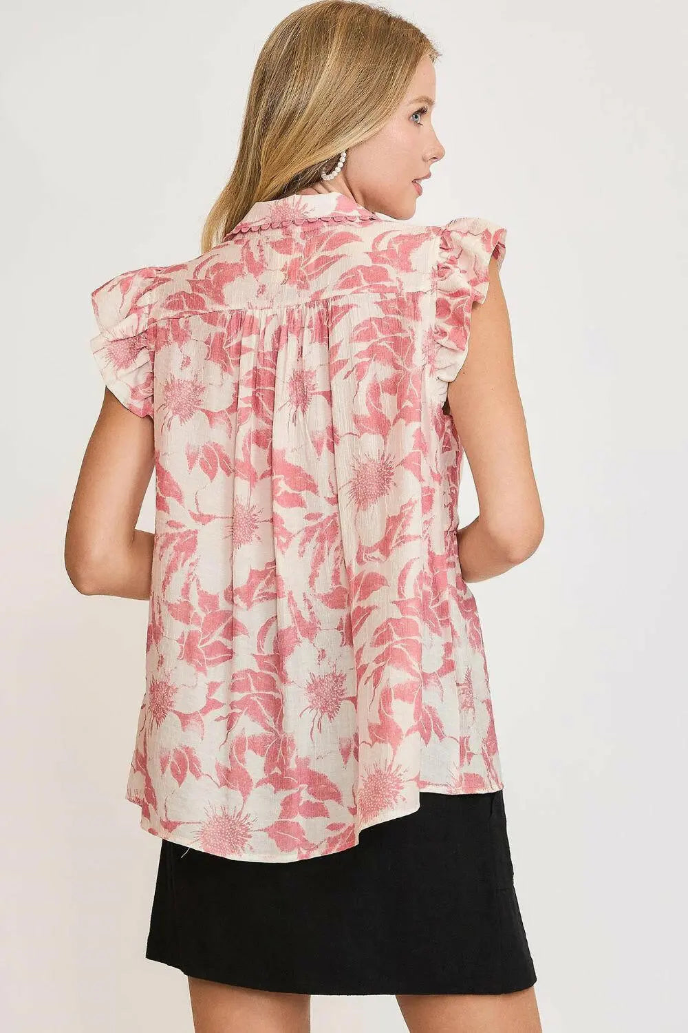 Umgee Full Size Botanical Print Babydoll Top Plus Size.