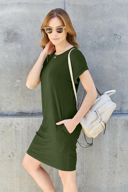 Basic Bae Full Size Round Neck Short Sleeve Dress with Pockets - Premium Dresses from Trendsi - Just $26! Shop now at Handbags Specialist Headquarter