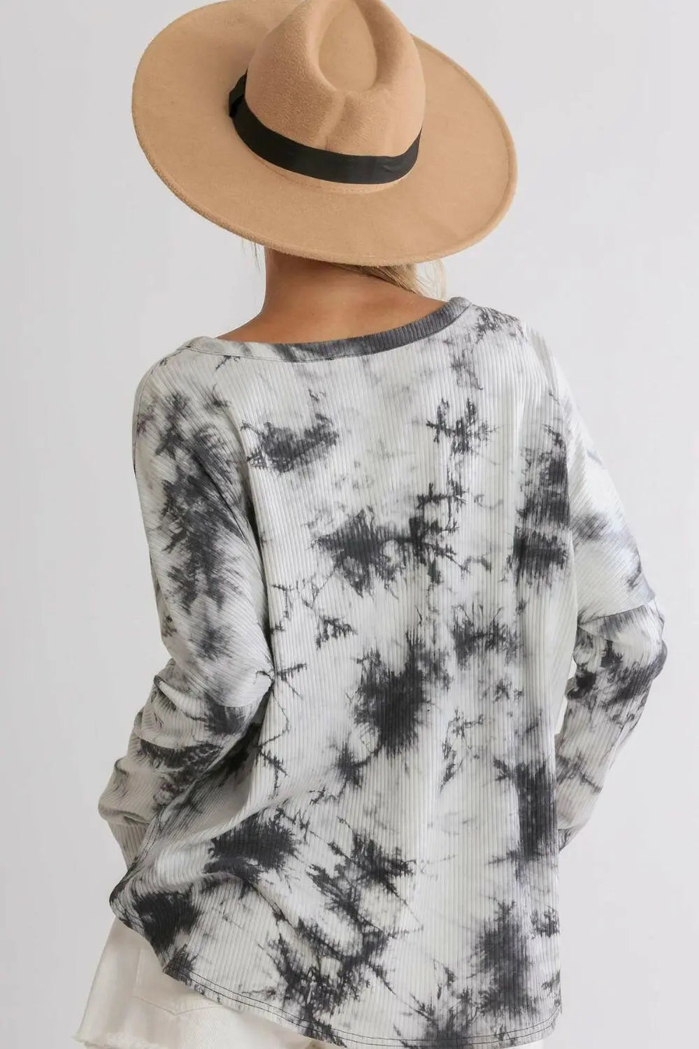 Umgee Full Size Tie Dye Round Neck Ribbed Button Front Top Plus Size.