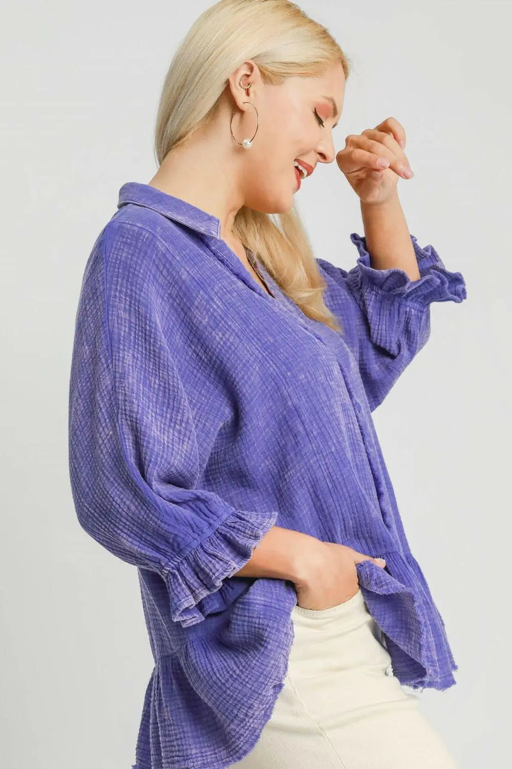Umgee Plus Size Size Mineral Washed Cotton Gauze Top.
