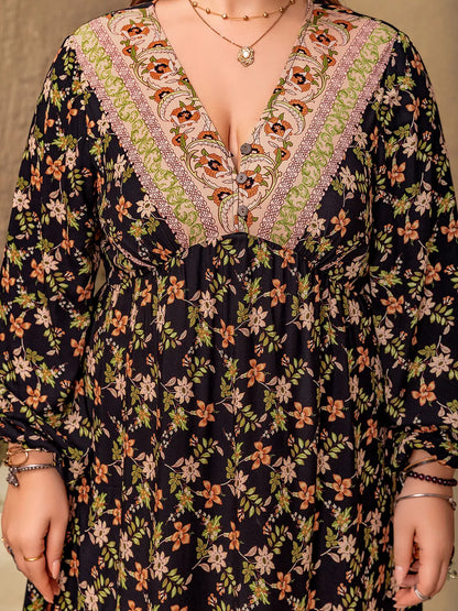 Plus Size Floral V-Neck Balloon Sleeve Dress - Premium Dresses from Trendsi - Just $45.99! Shop now at Handbags Specialist Headquarter