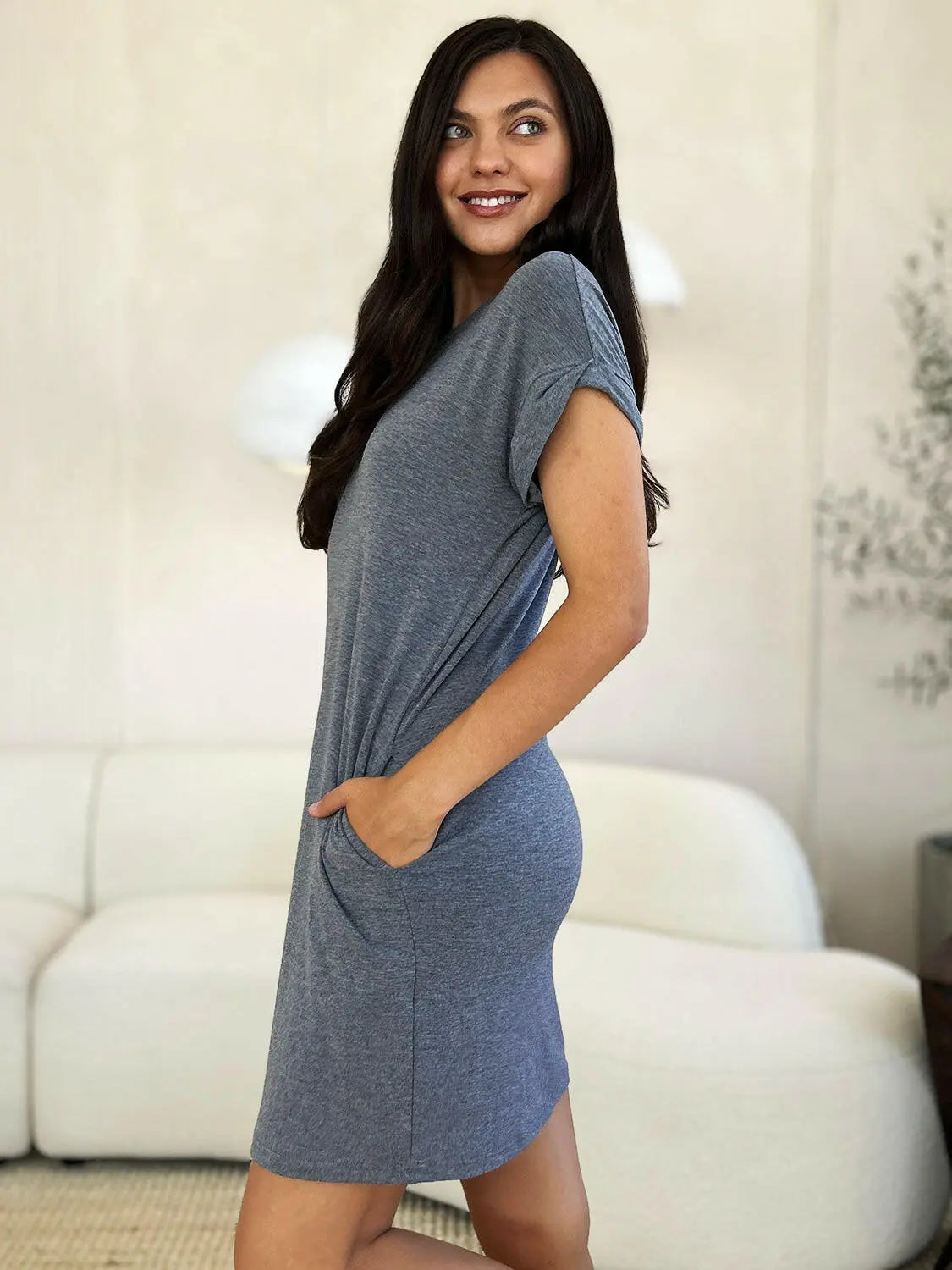 Basic Bae Full Size Round Neck Short Sleeve Dress with Pockets.
