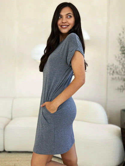 Basic Bae Full Size Round Neck Short Sleeve Dress with Pockets.