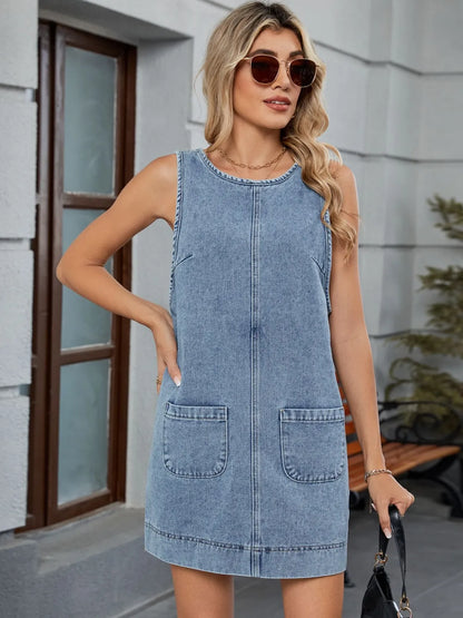 Round Neck Denim Overall Dress - Premium Women / Jeans & Denim from Trendsi - Just $30.94! Shop now at Handbags Specialist Headquarter