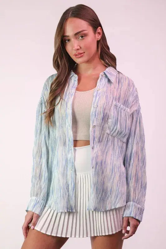 VERY J Plus Size Oversized Printed Button Up Shirt.