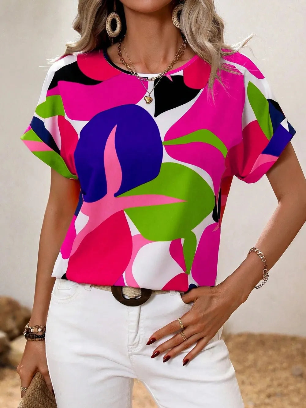 Contrast Round Neck Short Sleeve Blouse - Premium Tops from Trendsi - Just $23.06! Shop now at Handbags Specialist Headquarter