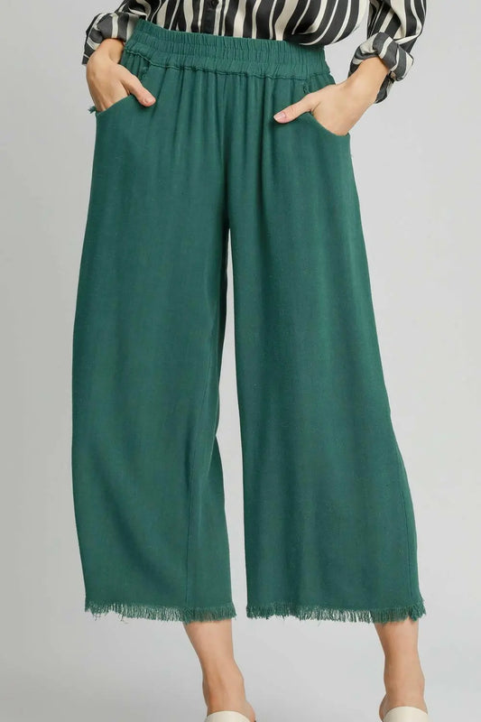 Umgee Full Size Linen Blend Elastic Waistband Wide Leg Pants Plus Size.