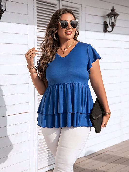 Plus Size V-Neck Flutter Sleeve Blouse - Premium Plus Size Shirts from Trendsi - Just $21! Shop now at Handbags Specialist Headquarter