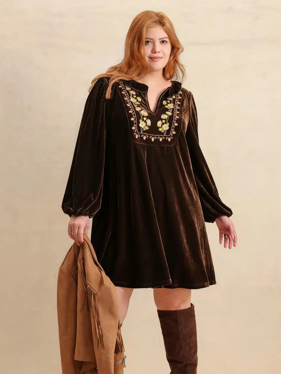 Plus Size Embroidered Notched Balloon Sleeve Mini Dress.