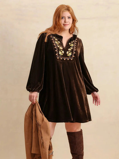 Plus Size Embroidered Notched Balloon Sleeve Mini Dress.