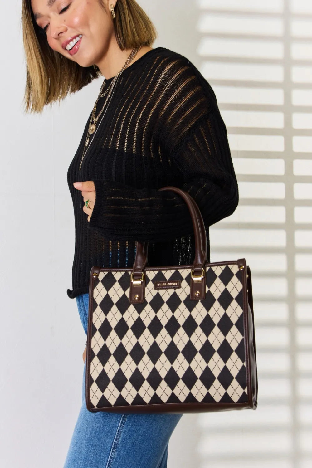 David Jones Argyle Pattern PU Leather Handbag - Premium Handbags from Trendsi - Just $51.99! Shop now at Handbags Specialist Headquarter