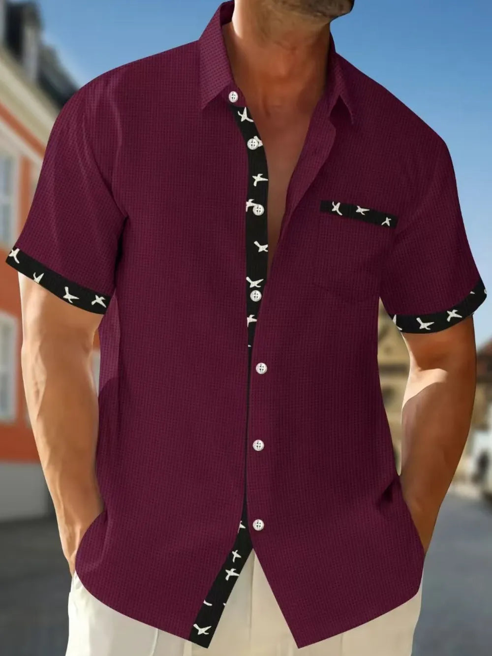 Men's Full Size Contrast Trim Waffle Knit Short Sleeve Shirt Plus Size - Premium Men's Shirts from Trendsi - Just $34.50! Shop now at Handbags Specialist Headquarter