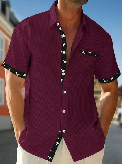 Men's Full Size Contrast Trim Waffle Knit Short Sleeve Shirt Plus Size - Premium Men's Shirts from Trendsi - Just $34.50! Shop now at Handbags Specialist Headquarter