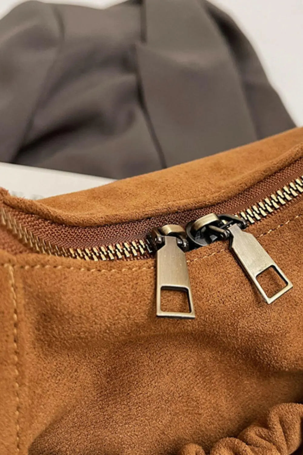 Ruched Suede Handbag with Zipper.
