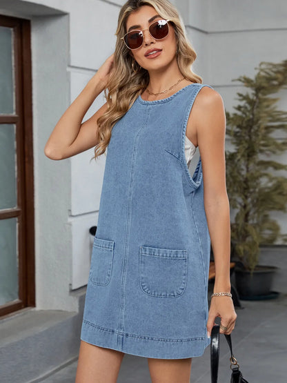 Round Neck Denim Overall Dress - Premium Women / Jeans & Denim from Trendsi - Just $30.94! Shop now at Handbags Specialist Headquarter