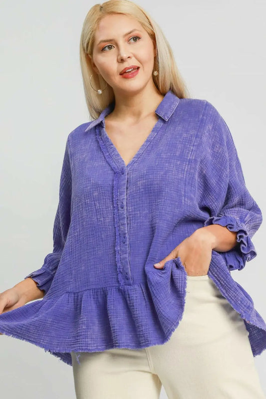 Umgee Plus Size Size Mineral Washed Cotton Gauze Top.