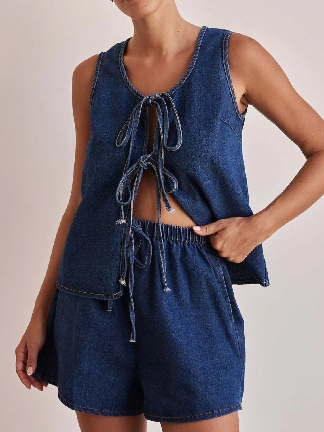 Tie Front Vest and Shorts Denim Set - Premium Women / Jeans & Denim from Trendsi - Just $61.94! Shop now at Handbags Specialist Headquarter