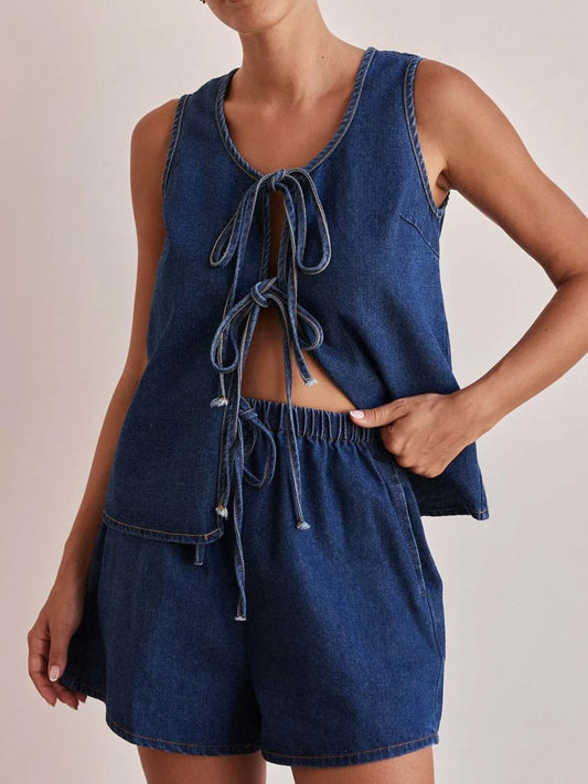Tie Front Vest and Shorts Denim Set - Premium Women / Jeans & Denim from Trendsi - Just $61.94! Shop now at Handbags Specialist Headquarter
