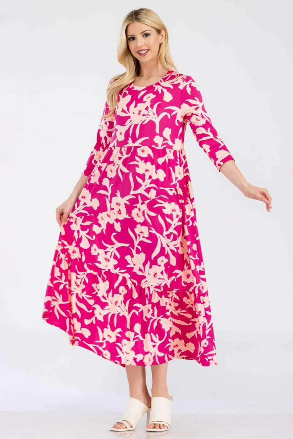 Celeste Full Size Floral Round Neck Ruffle Hem Dress.