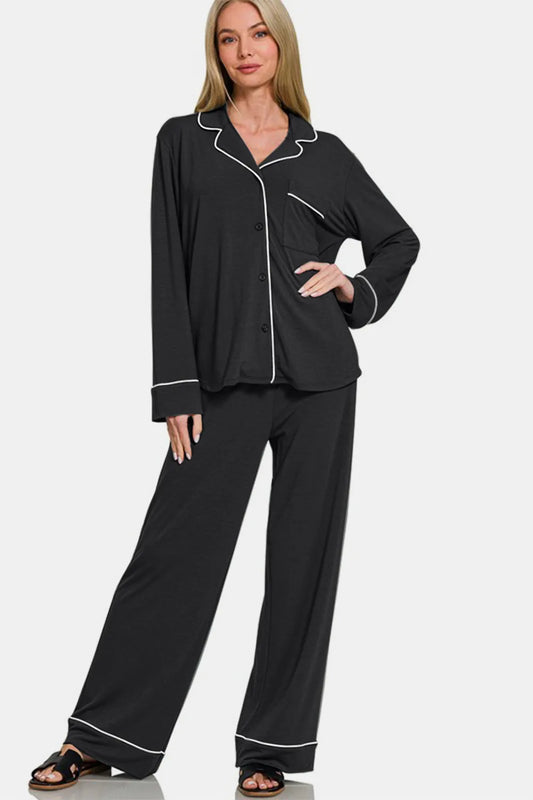 Zenana Button Down Long Sleeve Top and Pants Lounge Set - Premium Sleepwear from Trendsi - Just $46.99! Shop now at Handbags Specialist Headquarter