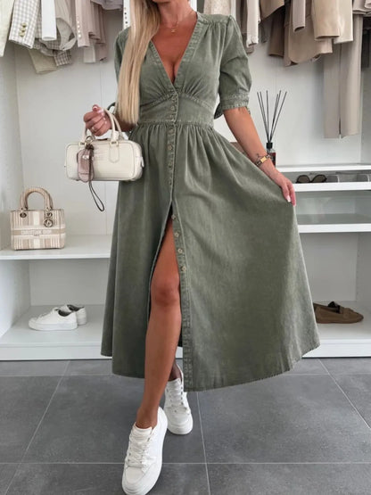 Button Front V-Neck Half Sleeve Denim Dress - Premium Women / Jeans & Denim from Trendsi - Just $53.68! Shop now at Handbags Specialist Headquarter