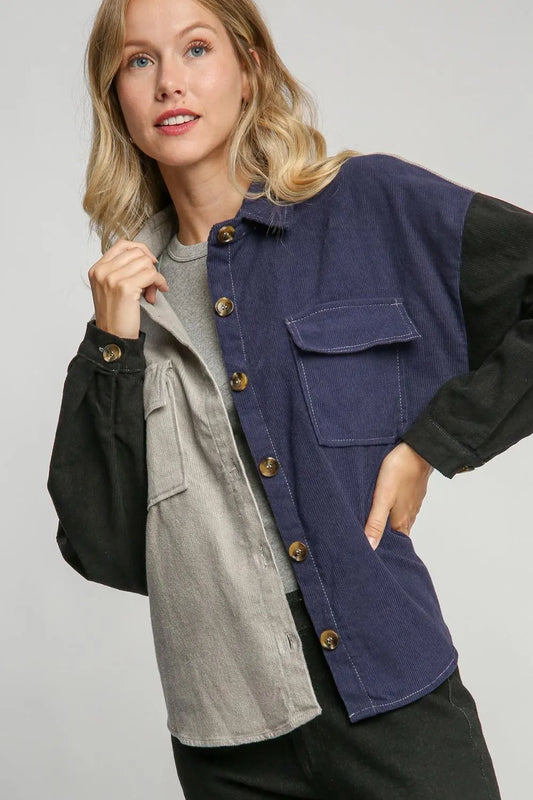 Umgee Full Size Color Block Button Down Jacket Plus Size - Premium Dresses from Trendsi - Just $46.99! Shop now at Handbags Specialist Headquarter