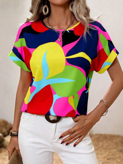 Contrast Round Neck Short Sleeve Blouse - Premium Tops from Trendsi - Just $23.06! Shop now at Handbags Specialist Headquarter