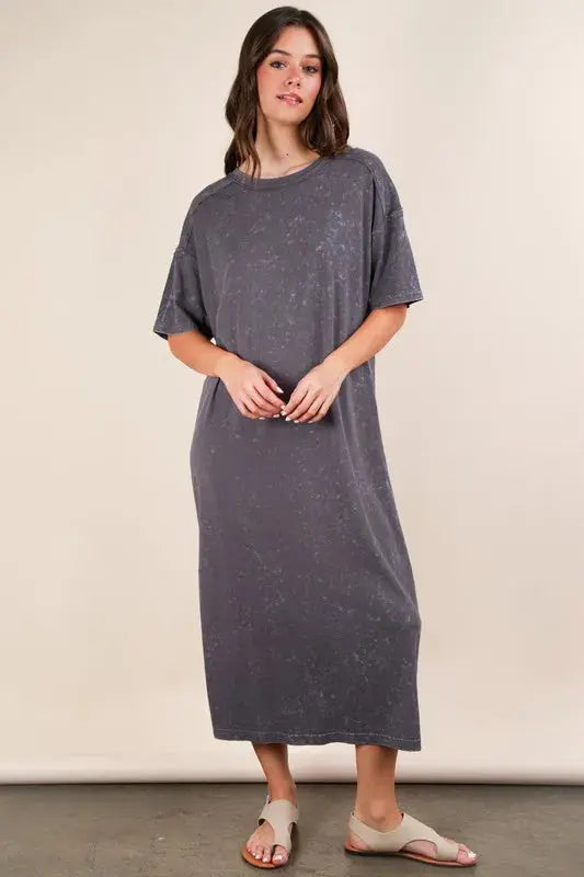 VERY J Plus Size Mineral Washed Casual Comfy Midi Dress.