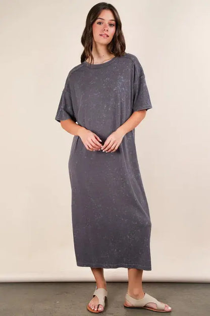 VERY J Plus Size Mineral Washed Casual Comfy Midi Dress.