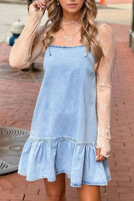 Bow Detail Spaghetti Straps Ruffle Hem Denim Dress - Premium Women / Jeans & Denim from Trendsi - Just $46.38! Shop now at Handbags Specialist Headquarter