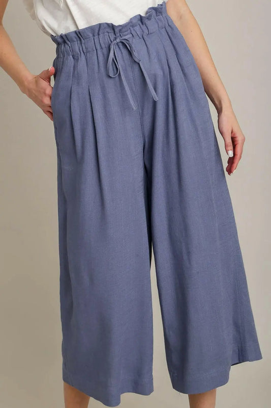 Umgee Full Size Linen Wide Fit Pants with Drawstring Plus Size.