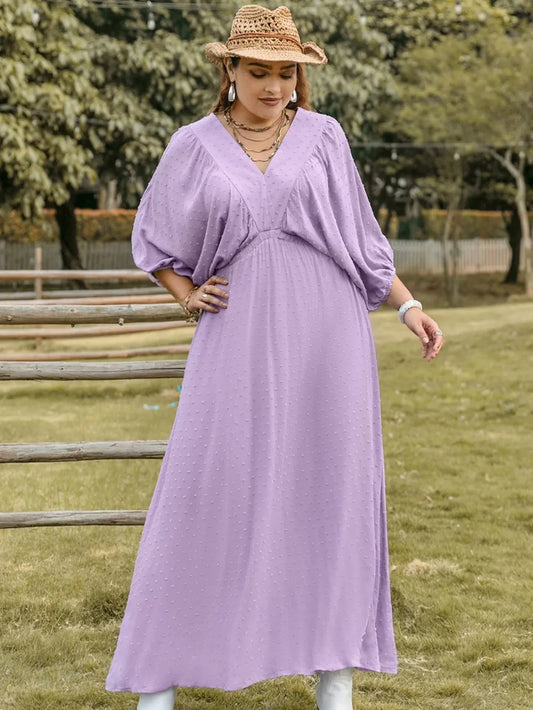Plus Size Swiss Dot V-Neck Midi Dress - Premium Dresses from Trendsi - Just $45.99! Shop now at Handbags Specialist Headquarter