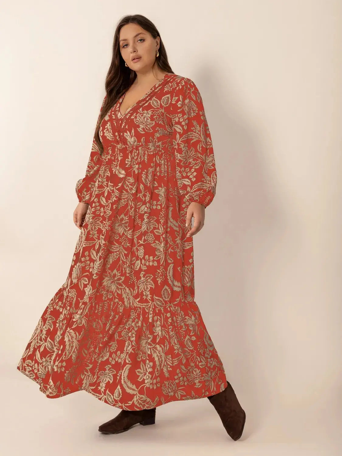Plus Size Lace Detail Printed Balloon Sleeve Midi Dress.