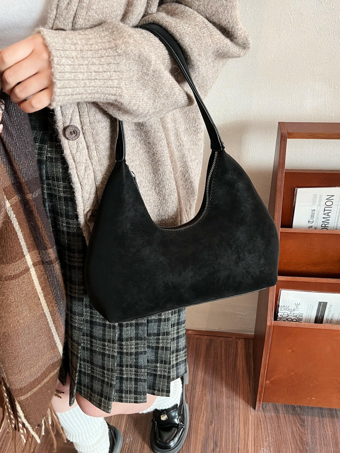 Suede Shoulder Bag with Zip.