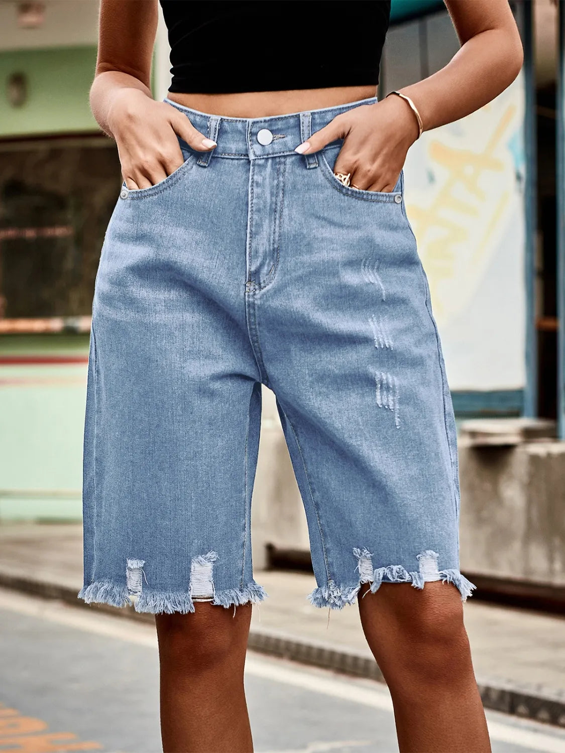 Raw Hem Denim Shorts - Premium Women / Jeans & Denim from Trendsi - Just $25.78! Shop now at Handbags Specialist Headquarter