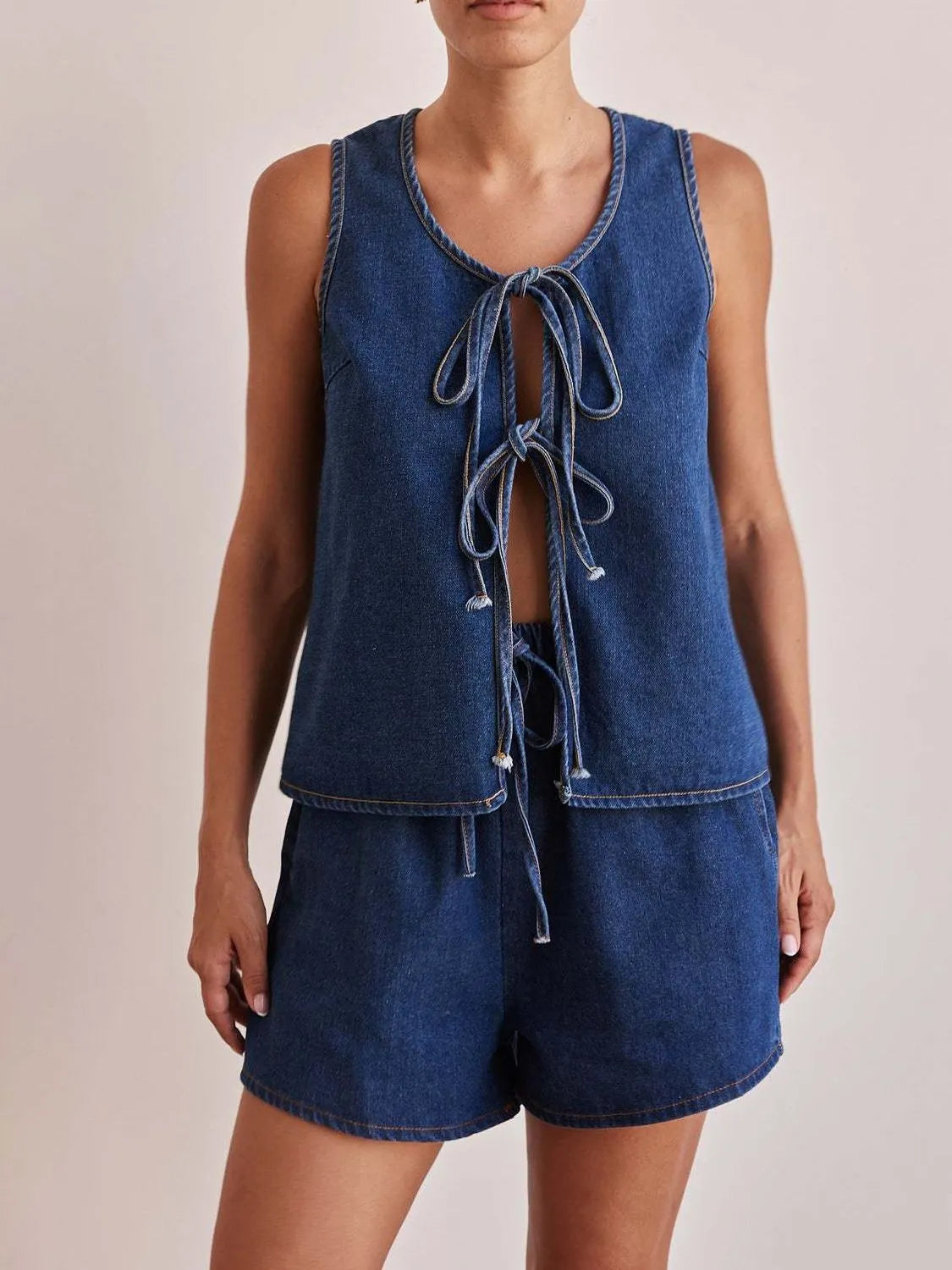 Tie Front Vest and Shorts Denim Set - Premium Women / Jeans & Denim from Trendsi - Just $61.94! Shop now at Handbags Specialist Headquarter