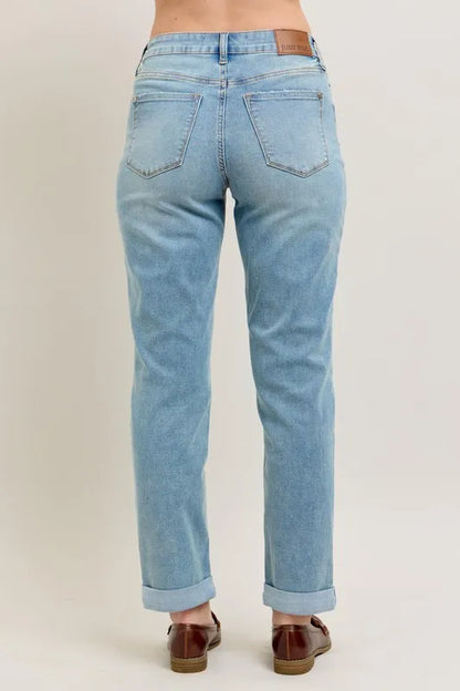 Judy Blue Full Size V-Front Cuff Boyfriend Jeans Plus Size - Premium Women / Jeans & Denim from Trendsi - Just $58.99! Shop now at Handbags Specialist Headquarter