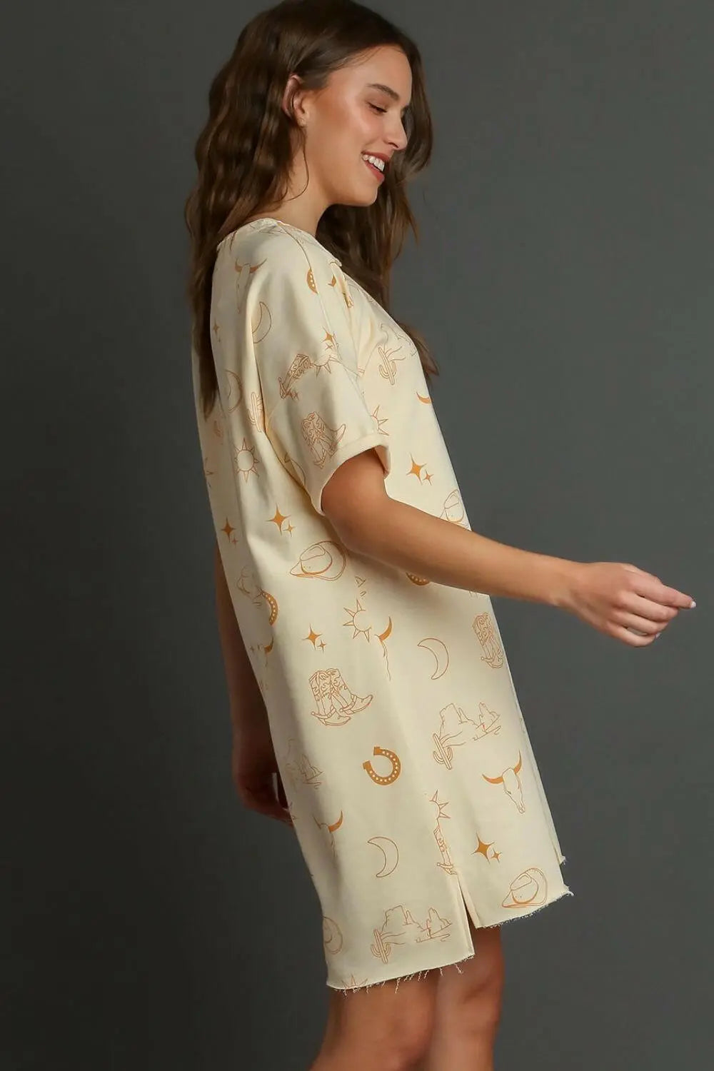 Umgee Full Size French Terry Short Sleeve Round Neck Dress Plus Size.