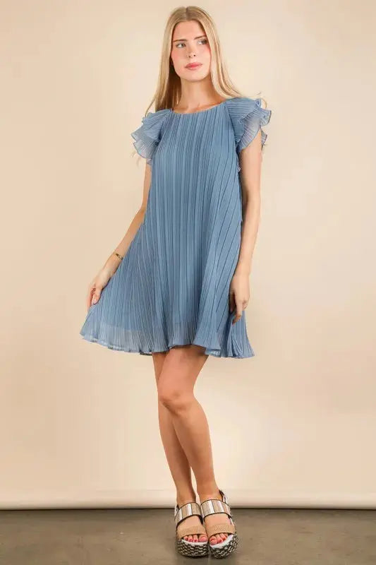 VERY J Plus Size Ruffle Sleeve Pleated Woven Mini Dress.