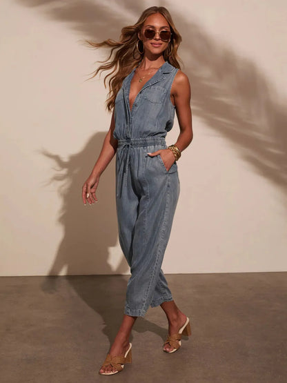 Sleeveless Drawstring Waist Washed Denim Jumpsuit - Premium Women / Jeans & Denim from Trendsi - Just $55.52! Shop now at Handbags Specialist Headquarter