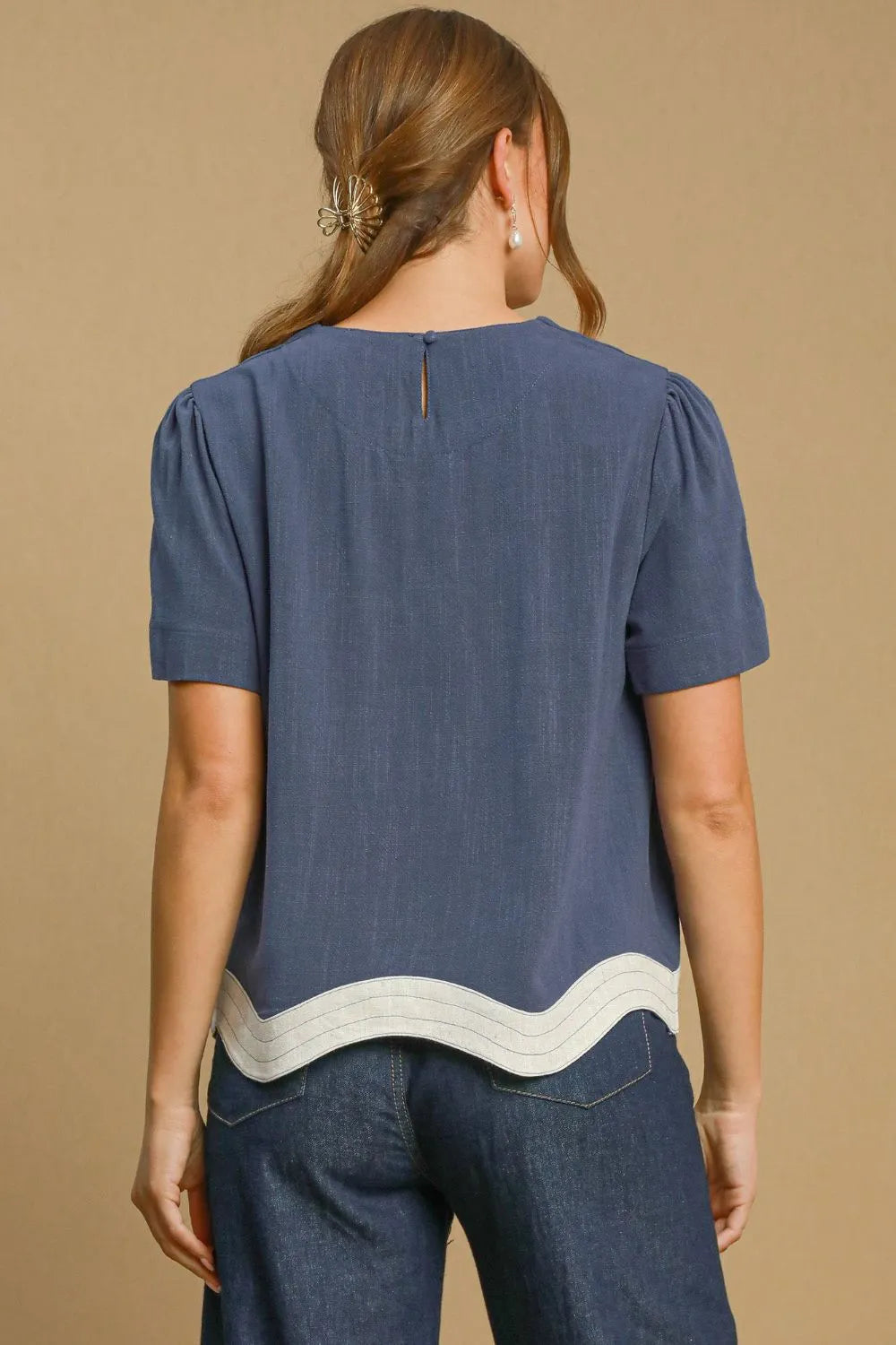 Umgee Full Size Linen Blend Scalloped Hem Top Plus Size - Premium Men's Shirts from Trendsi - Just $41.06! Shop now at Handbags Specialist Headquarter