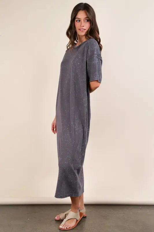 VERY J Plus Size Mineral Washed Casual Comfy Midi Dress.