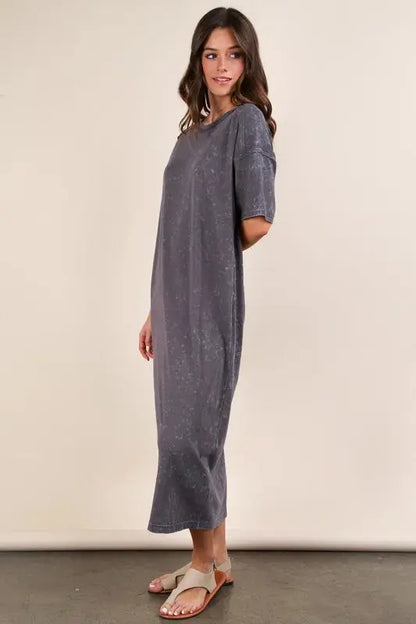 VERY J Plus Size Mineral Washed Casual Comfy Midi Dress.
