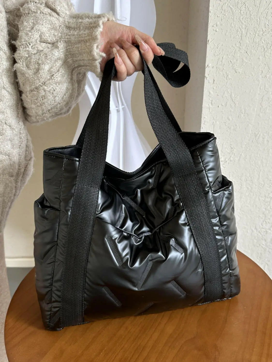 Solid Color Tote Bag with Side Pockets.