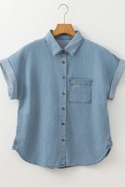 Folded Short Sleeve Patched Pocket Denim Shirt - Premium Women / Jeans & Denim from Trendsi - Just $48.76! Shop now at Handbags Specialist Headquarter