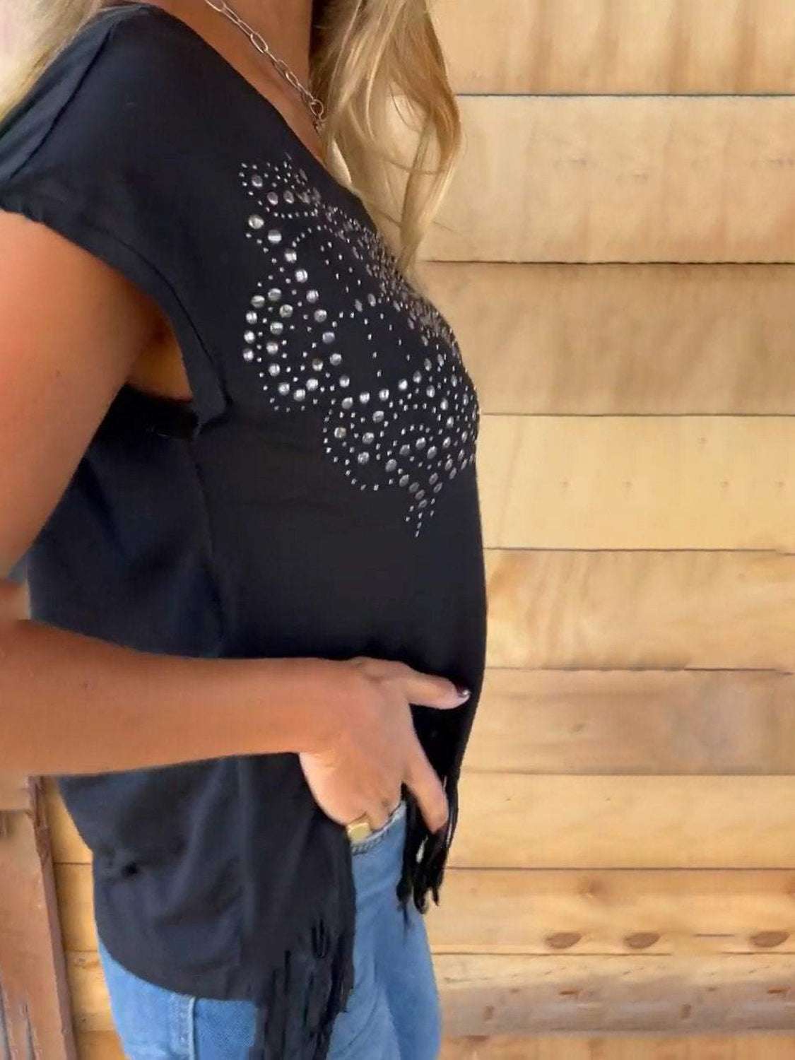Studded Fringe Round Neck Cap Sleeve T-Shirt - Premium Women / Tops from Trendsi - Just $26.28! Shop now at Handbags Specialist Headquarter