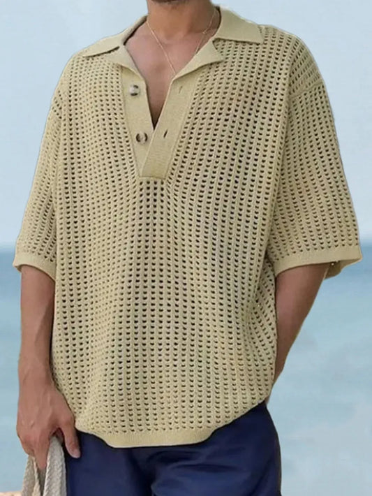 Men's Plus Size Openwork Collared Neck Quarter Button Knit Polo - Premium Men's T Shirt from Trendsi - Just $36.72! Shop now at Handbags Specialist Headquarter