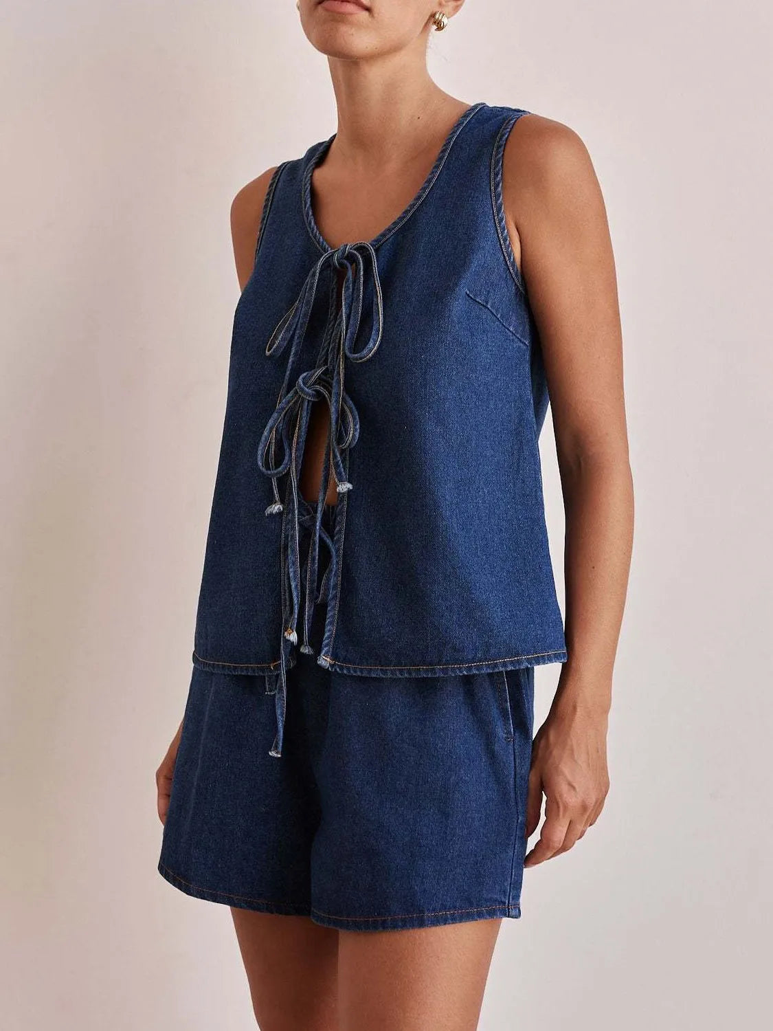Tie Front Vest and Shorts Denim Set - Premium Women / Jeans & Denim from Trendsi - Just $61.94! Shop now at Handbags Specialist Headquarter