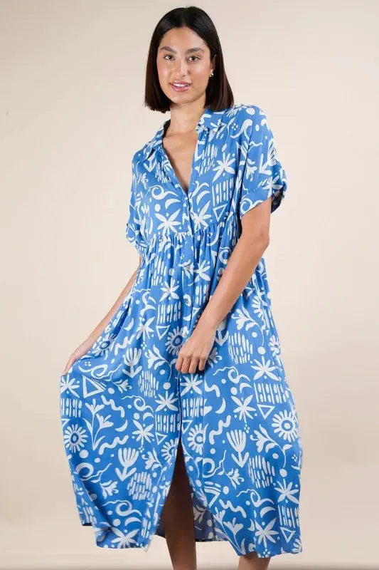 VERY J Plus Size Oversized Printed Shirt Midi Dress.