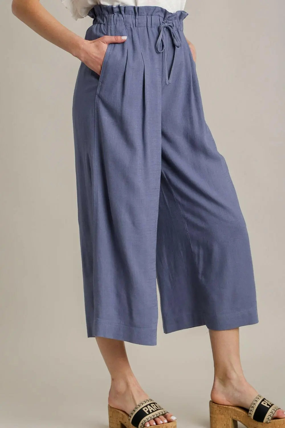 Umgee Full Size Linen Wide Fit Pants with Drawstring Plus Size.
